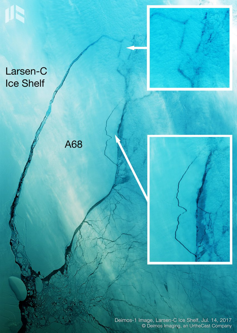 A shot of A68 and the Larsen C Ice Shelf on July 14, just two days after the calving event. (Image courtesy Deimos Imaging, an UrtheCast Company.